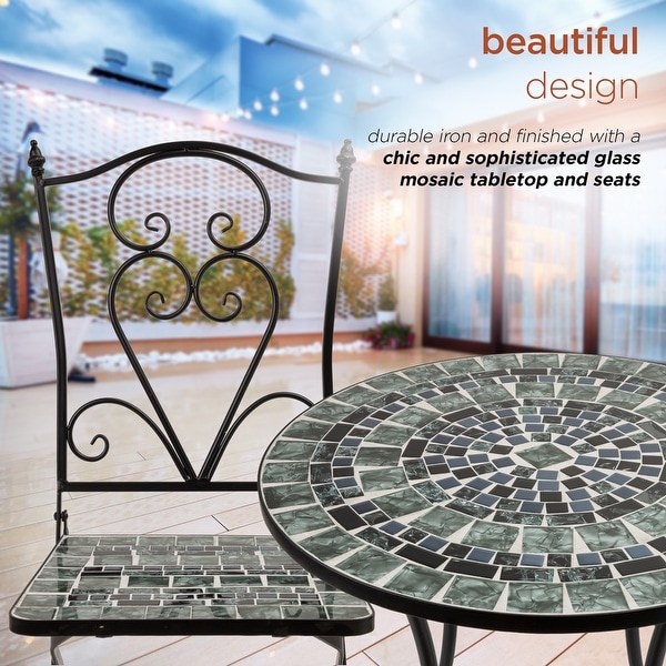 Alpine Corporation Indoor/Outdoor Marbled Glass Mosaic 3Piece Bistro Set Folding Table and Chairs Patio Seating