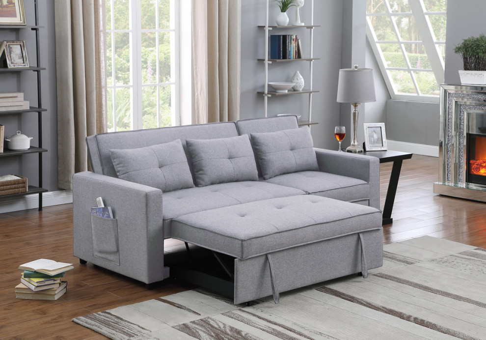 Zoey Linen Convertible Sleeper Sofa With Side Pocket   Transitional   Sleeper Sofas   by Lilola Home  Houzz