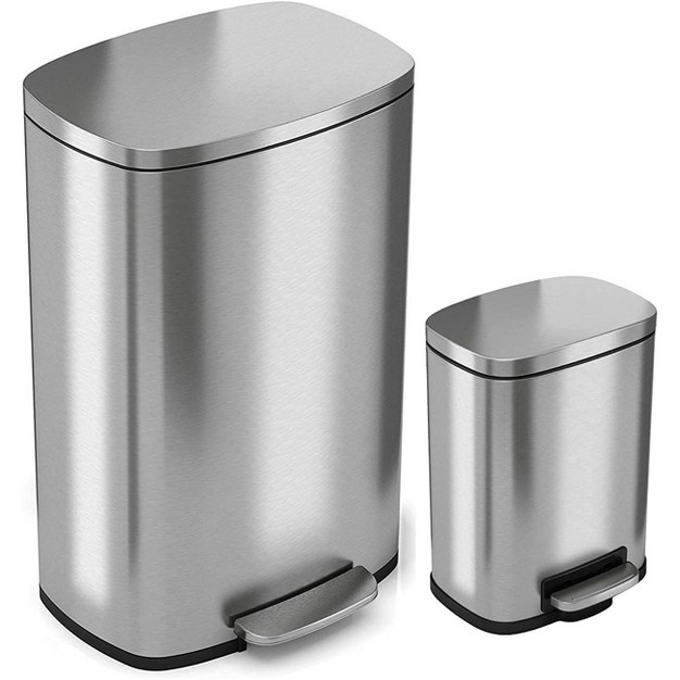 Itouchless Combo Set Step Pedal Kitchen And Bathroom Trash Cans With Absorbx Odor Filter 13 2 And 1 3 Gallon Silver Stainless Steel