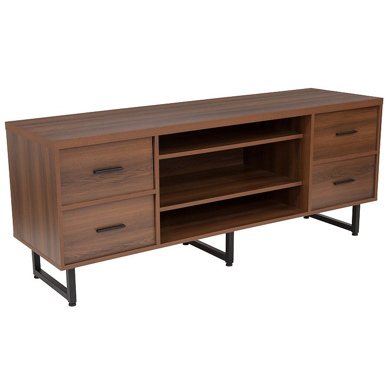 Merrick Lane Cambridge Three Shelf and Four Drawer TV Stand in Rustic Wood Grain Finish with Square Metal Legs