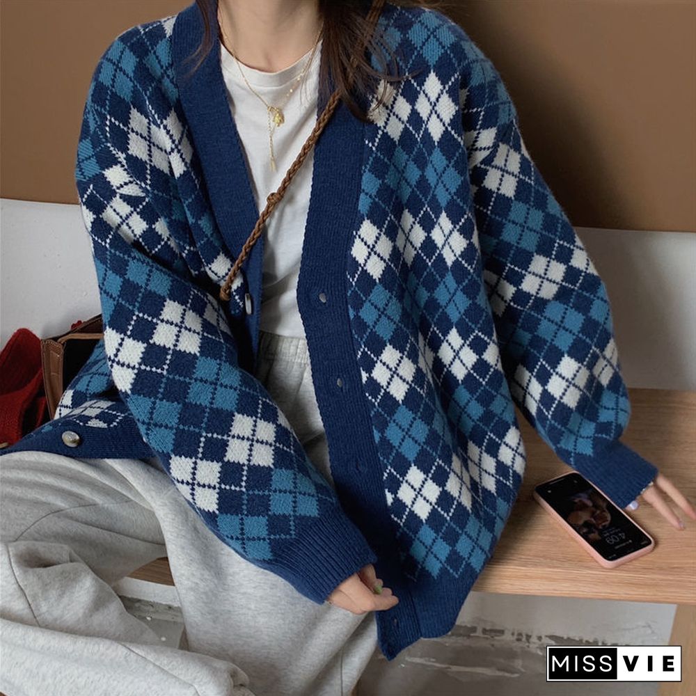 Knitted Cardigans Ladies Long Sleeve Argyle Korean Sweaters Female V-neck Rhombus Plaid Cardigan Jacket Fashion Women Sweater