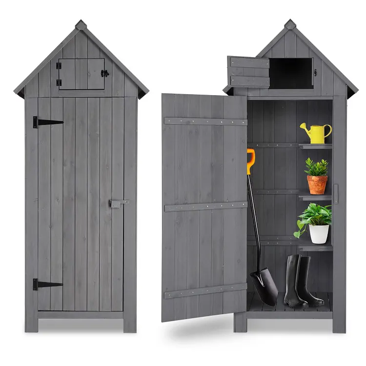 Various colors wood outdoor garden tool shed to put garden tools and supplies in