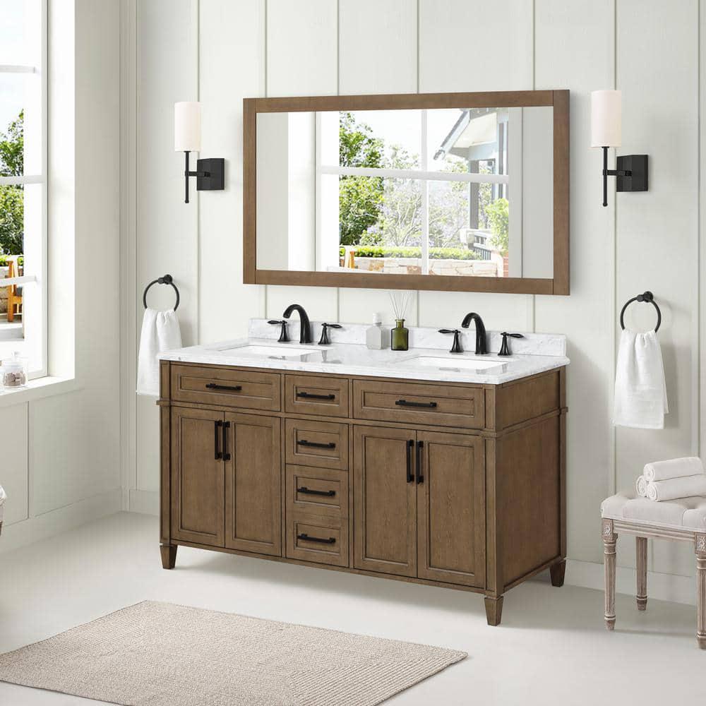 Home Decorators Collection Caville 60 in W x 22 in D x 3450 in H Bath Vanity in Almond Latte with Carrara Marble Top