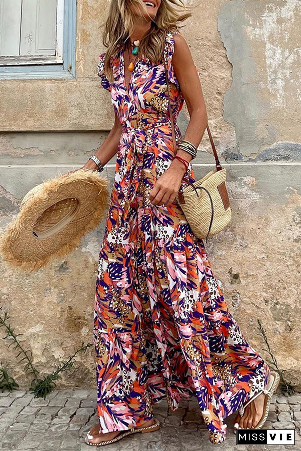 Multicolor Sleeveless Ruffled Lace-up High Waist Floral Maxi Dress