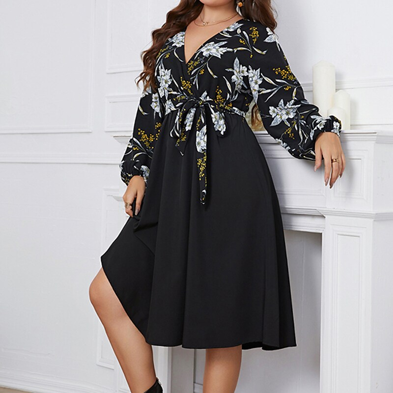 Women's Plus Size Casual Dress Floral V Neck Long Sleeve Fall Winter Casual Midi Dress Causal Daily Dress