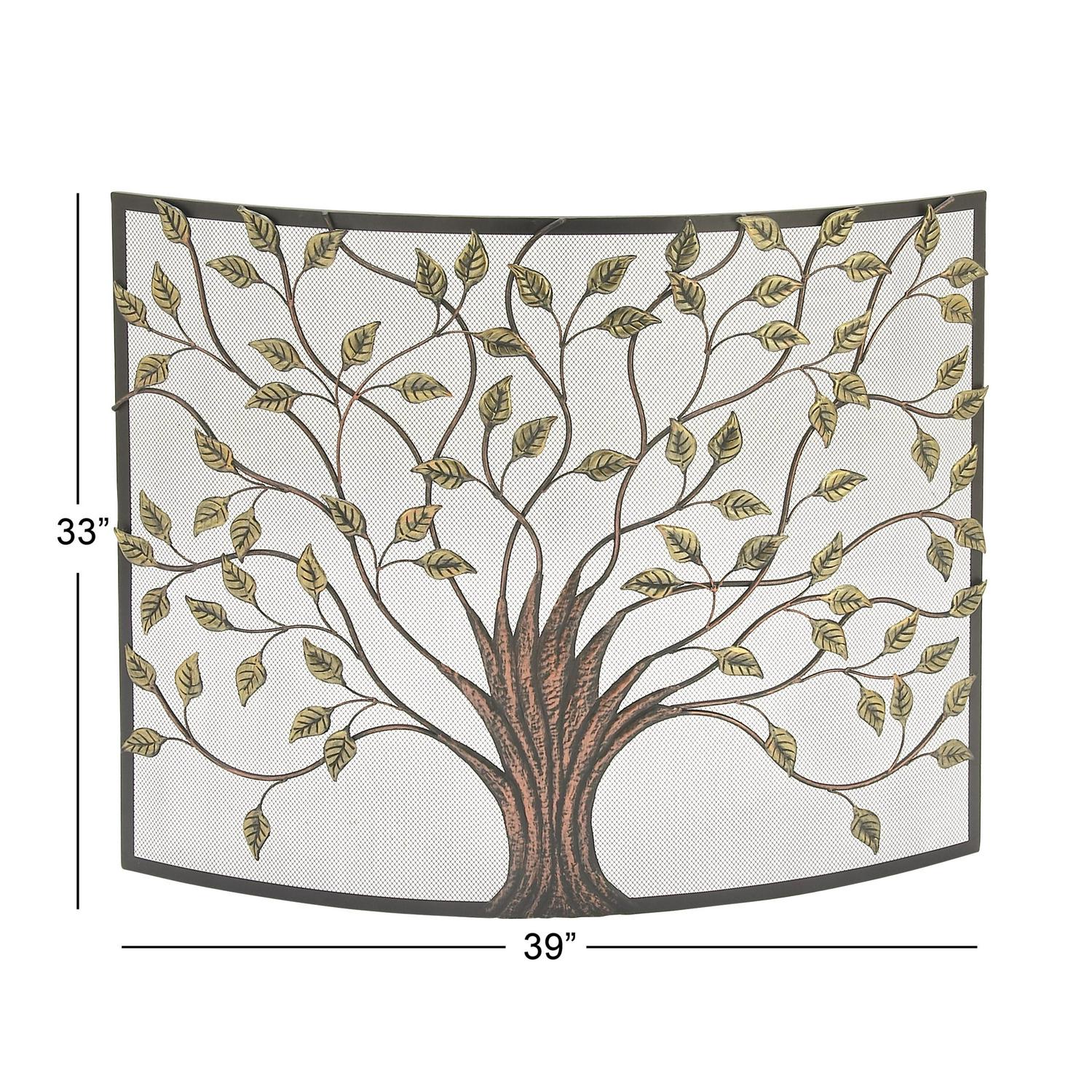 Dec Mode Farmhouse Metal Fireplace Screen with Brown and Green Tree Detail， 39 W x 33 H， Black Frame