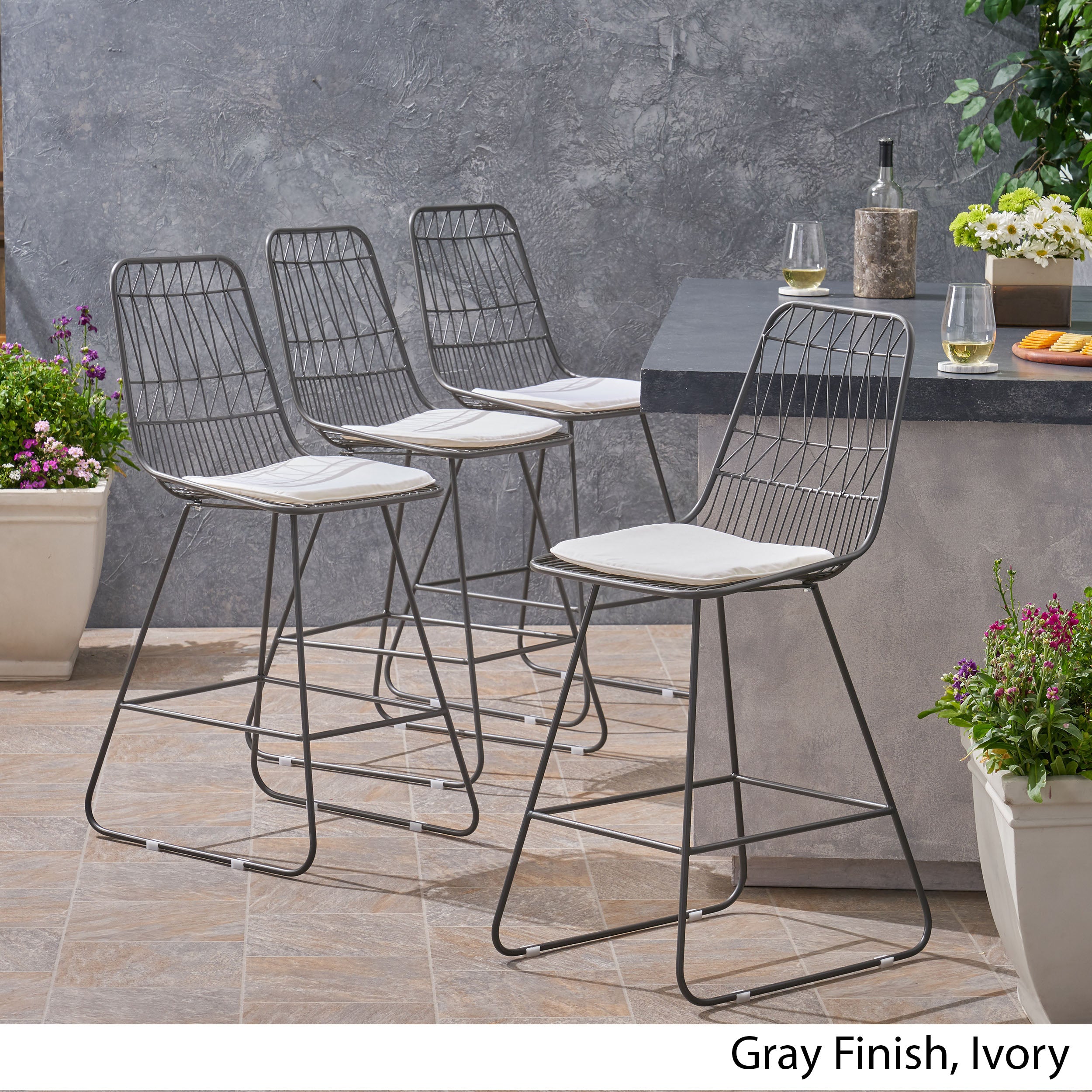 Hedy Outdoor Wire Counter Stools with Cushions (Set of 4)