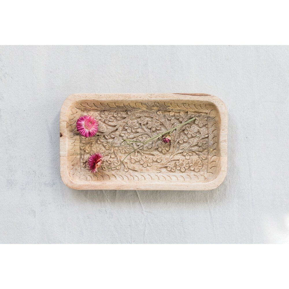 Handcarved Mango Wood Tray with Intricate Floral Designs