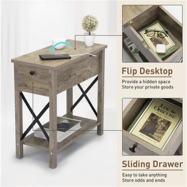 Flip Top End Table Charging Station Narrow Side Table with Drawer Gray