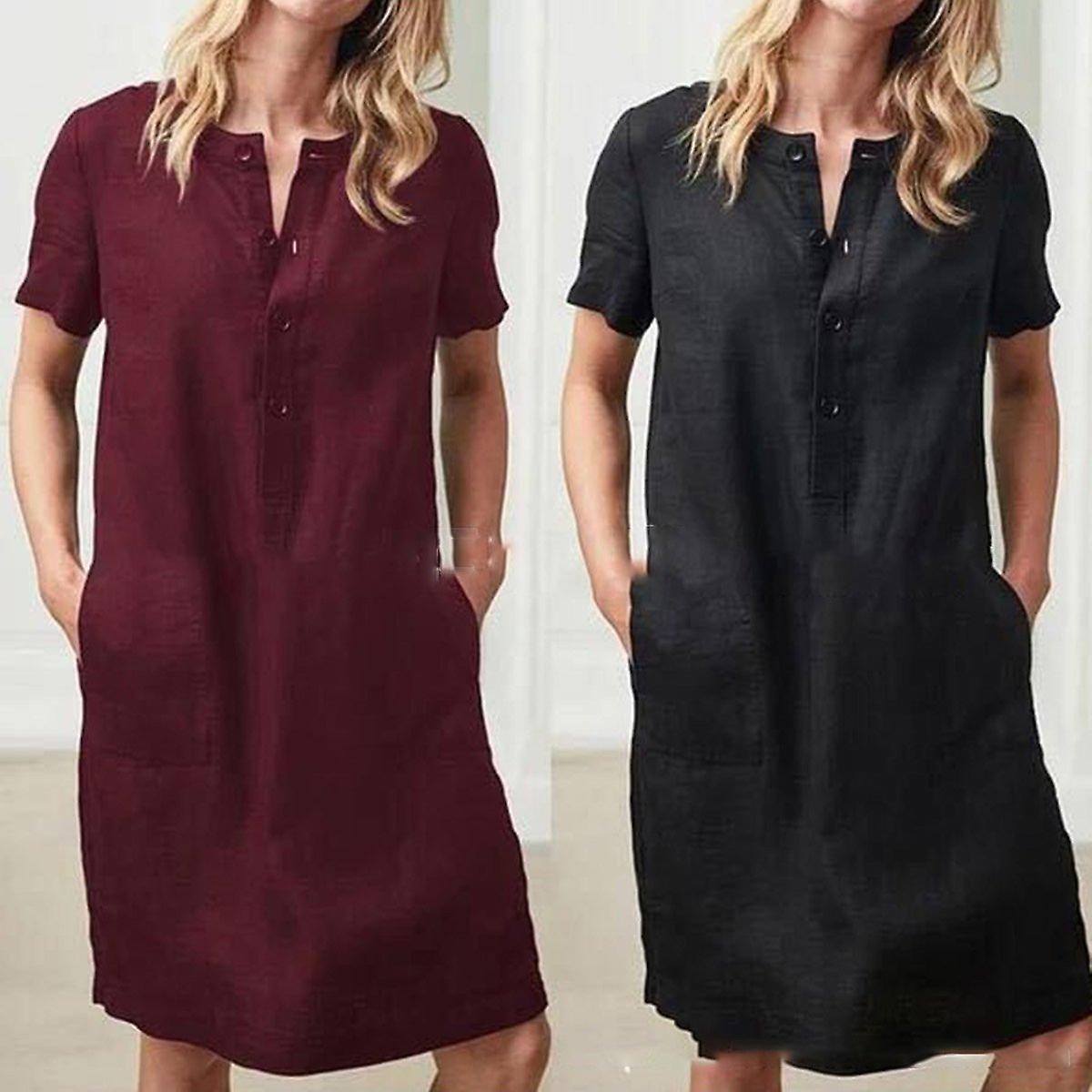 2022 European And American Cross-border    Hot Sale Cotton And Linen Loose Short-sleeved Mid-length Women's Dress Spot Red Wine 2xl  2xl