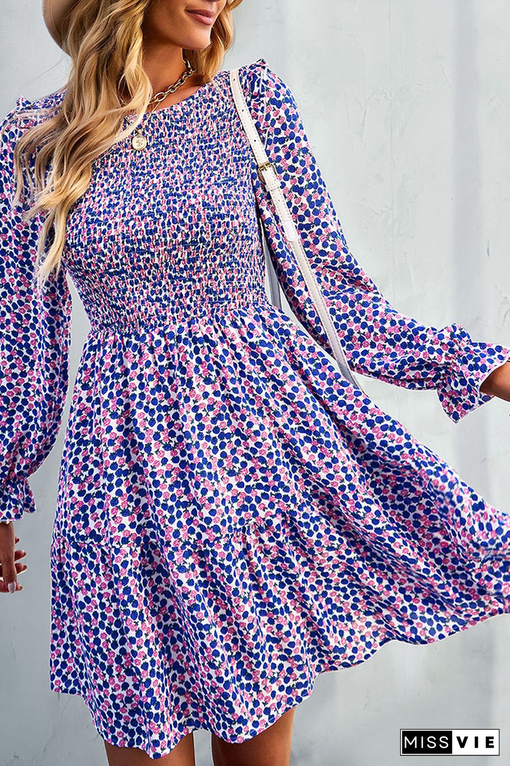 Smocked Puffy Long Sleeves Floral Dress