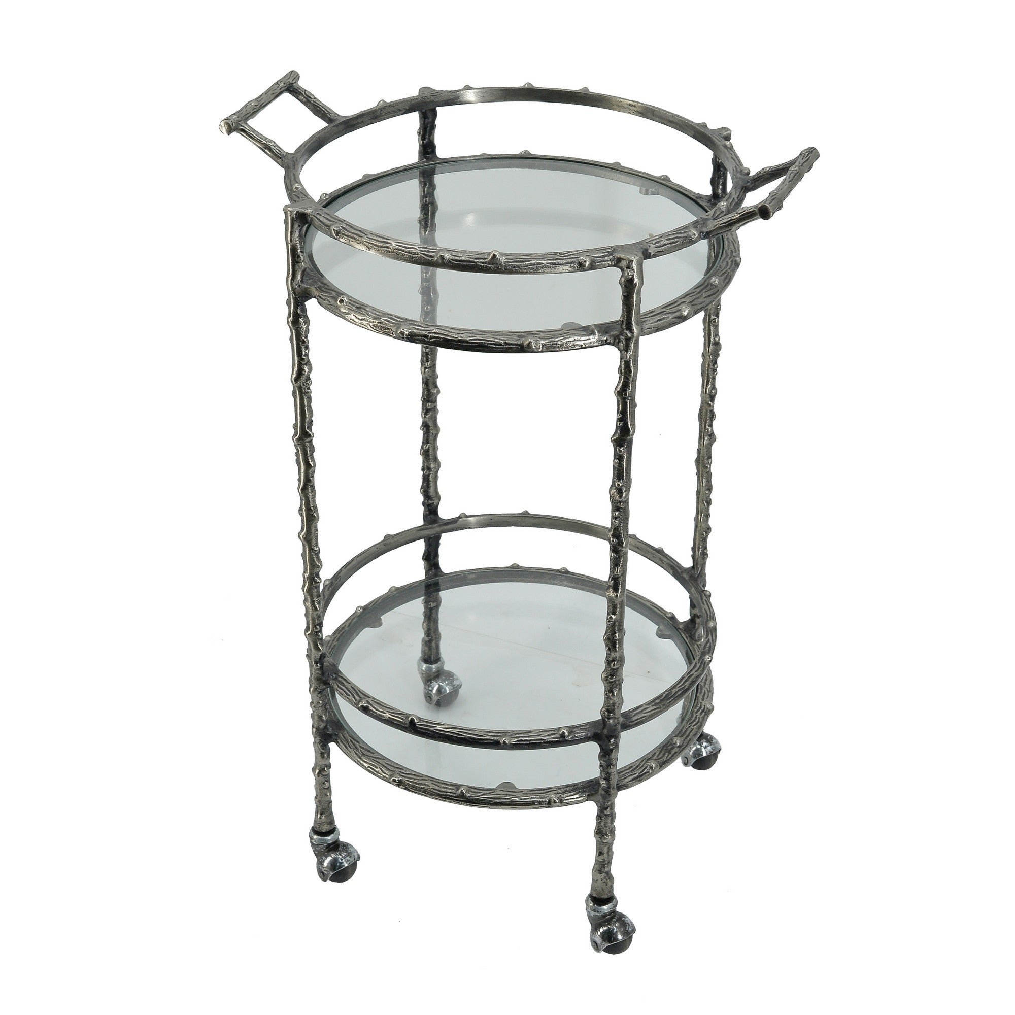 30 Inch Rolling Bar Cart， 2 Tier， Wheels， Aluminum Frame， Antique Silver