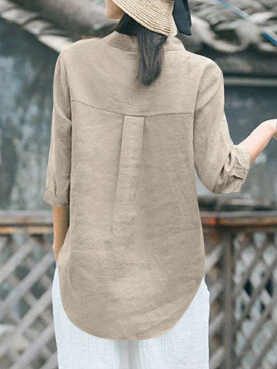 Solid Color Casual Cotton Linen Shirt Button 7/4 Sleeve Shirt