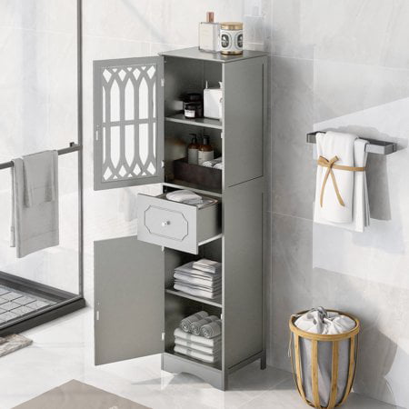 CHURANTY Freestanding Linen Tower Bathroom Storage Cabinet with Adjustable Shelf, Drawer and 2 Doors, Tall Slim, 16.5