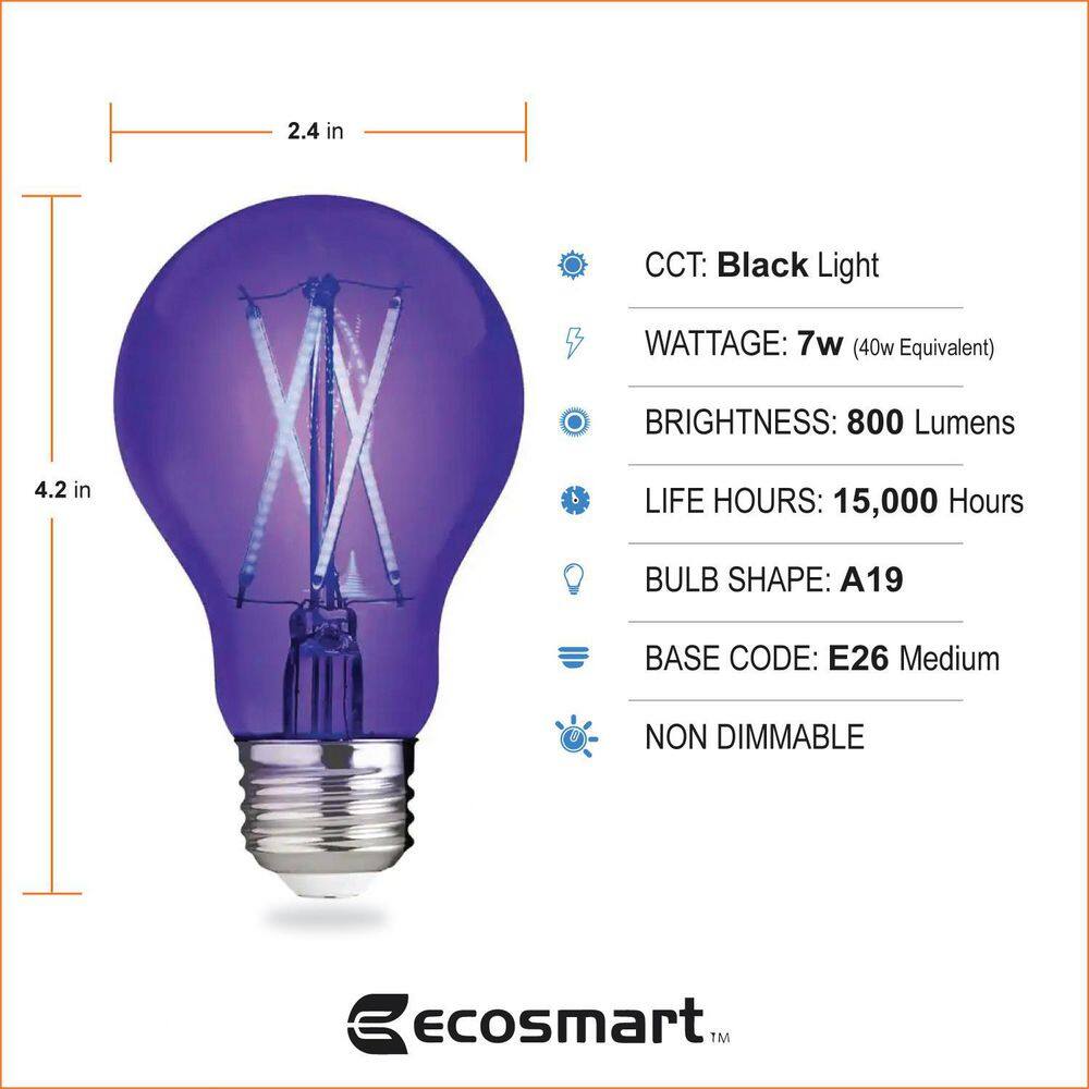 EcoSmart 40-Watt Equivalent A19 Blacklight Ultraviolet Glow in the Dark LED Light Bulb (1-Pack) FG-04239