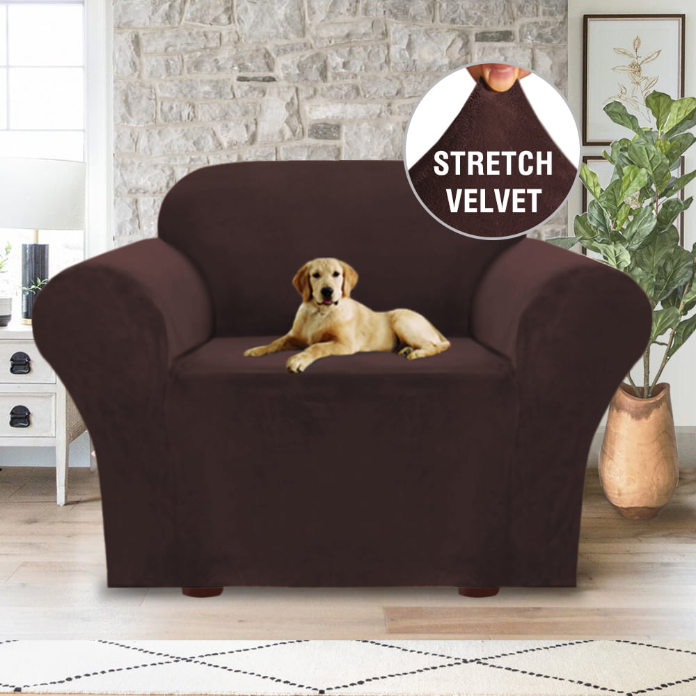 H.VERSAILTEX 1-Piece Luxury Velvet Armchair Stretch Slipcover, Brown