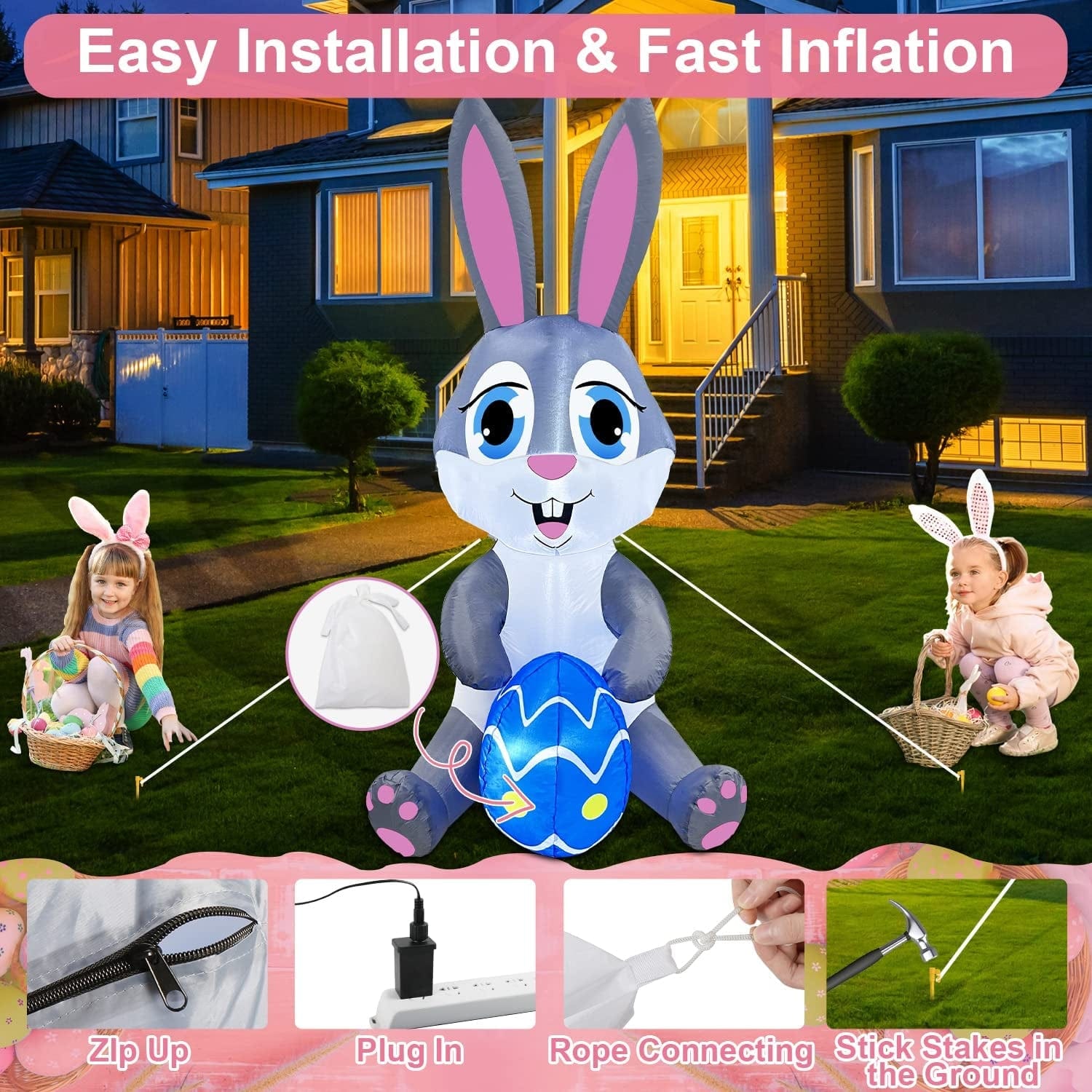 Zukakii 5FT Easter Inflatables Bunny Decorations with Bright Led Light