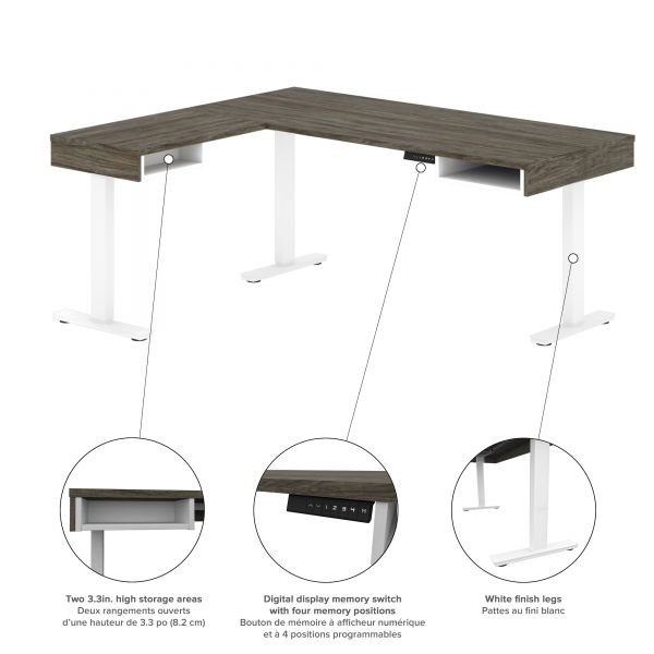 Bestar Pro-Vega Height Adjustable L-Desk with Dual Monitor Arm in Walnut Grey and White