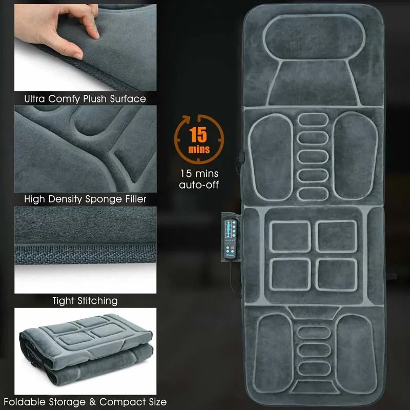 Foldable Heated Massage Pad, Portable Massage Mat with 10 Vibration Motors, Full Body Massage Mattress, Massager Cushion for Back Pain Relief