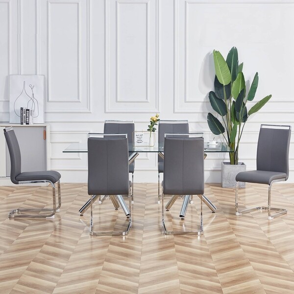 Set of 4 Modern Dining Chairs， PU Faux Leather High Back Upholstered Side Chair with C-shaped Tube Chrome Metal Legs