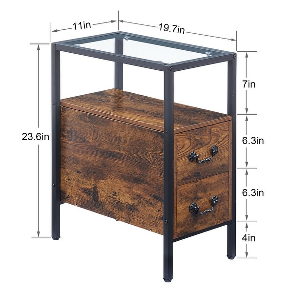 VECELO 2-Drawer Modern Narrow End Table with Glass Top