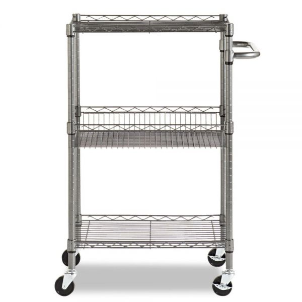 Alera Three-Tier Wire Cart with Basket， Metal， 2 Shelves， 1 Bin， 500 lb Capacity， 28