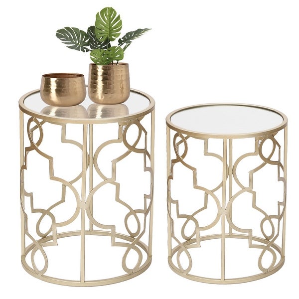 Adeco Goldtone Metal and Glass Nesting Side Table (Set of 2)