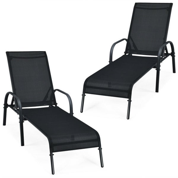 2PCS Outdoor Adjustable Reclining Armrest Chaise Fabric Lounge Chair