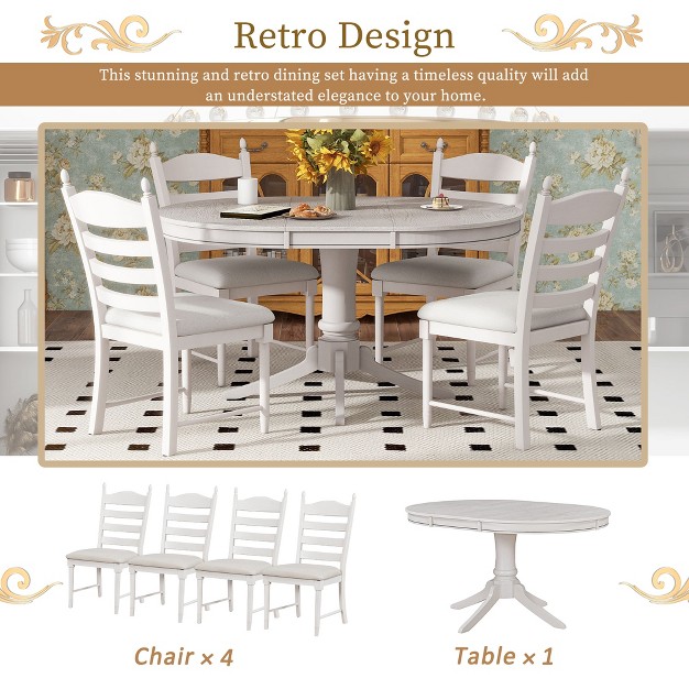 5 piece Vintage Wood Extendable Dining Table Sets With 4 Upholstered Dining Chairs Modernluxe