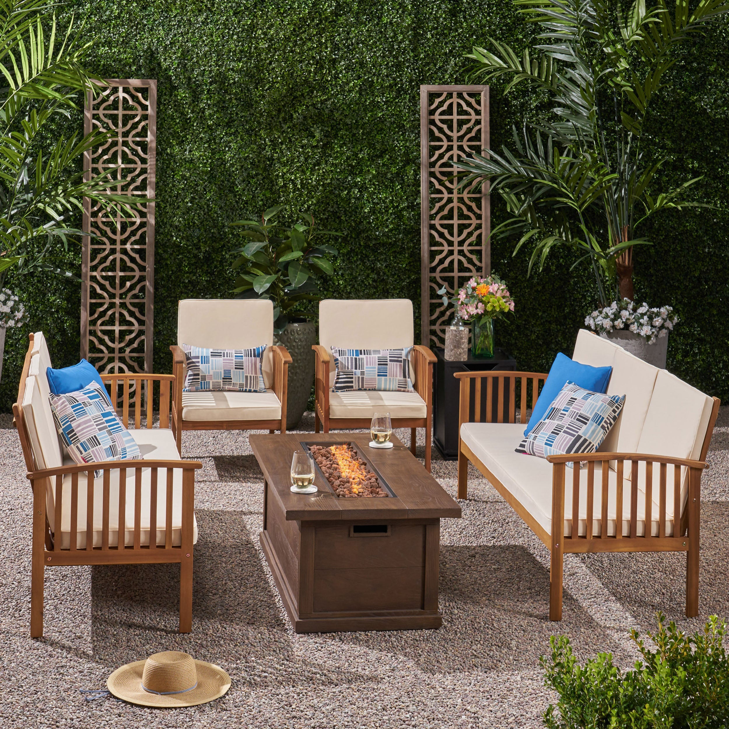 Karen Outdoor 6 Piece Acacia Wood Sofa Conversational Set with Fire Pit