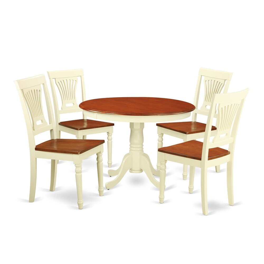 East West Furniture 5 Piece Dining Set  a Round Table with Pedestal and 4 Chairs  Buttermilk   Cherry(Seat Type Options)