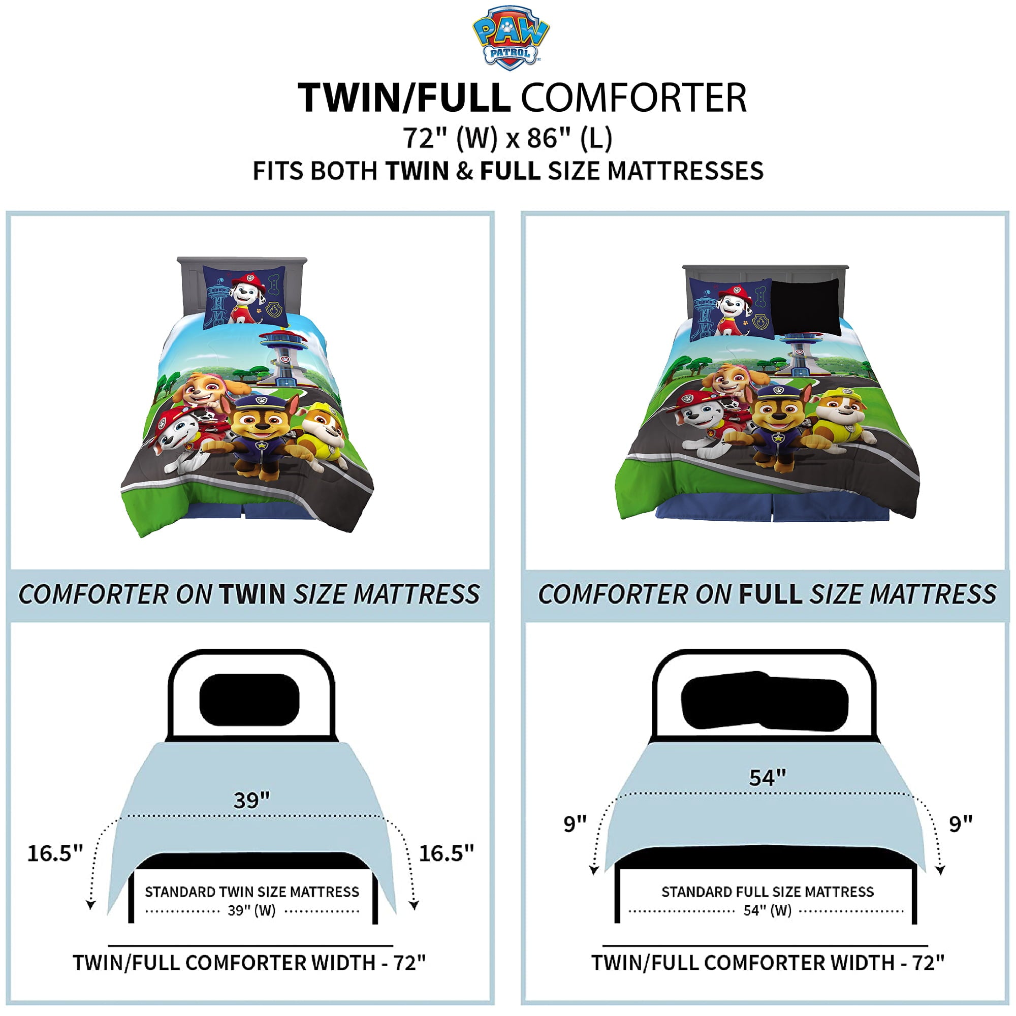 PAW Patrol Kids Comforter and Sham， 2-Piece Set， Twin/Full， Reversible， Blue， Nickelodeon