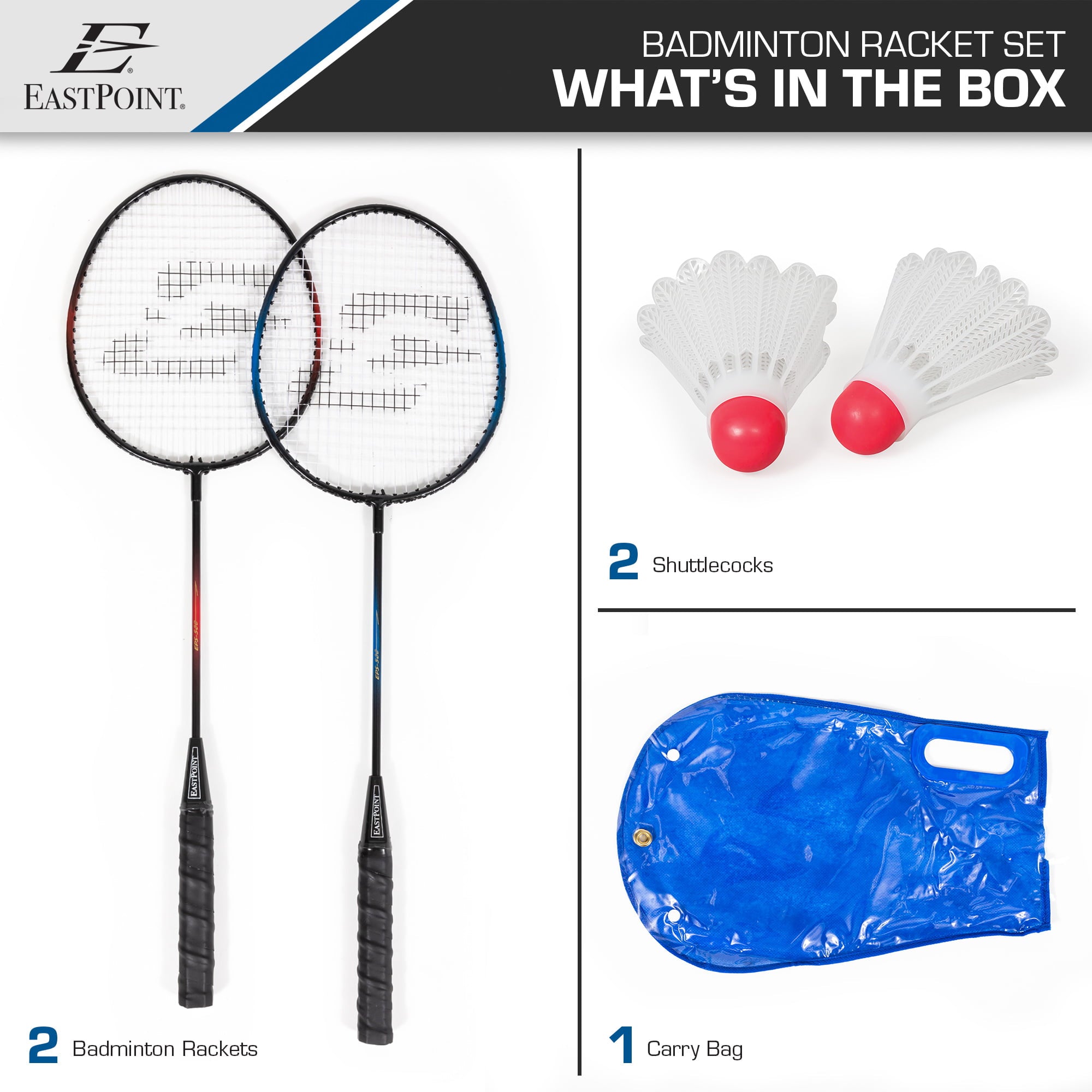 EastPoint Sports 2 Player Badminton Racket Set; Contains 2 Rackets with Tempered Steel Shafts and Soft, Comfortable Handles and 2 Durable, White Shuttlecocks for Entertainment with Friends and Family