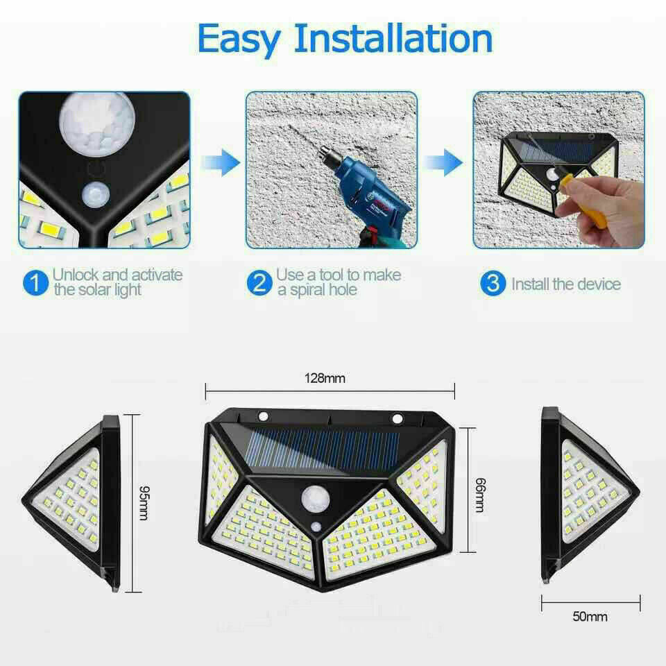 4 X 100LED PIR Motion Sensor Wall Light Solar Power Outdoor Garden Security Lamp