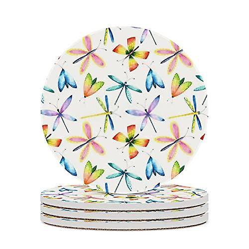 Round Drink Coasters 1 Pcs Watercolor Bright Butterfly Dragonfly Absorbent Ceramic Coaster With Cork Base For Coffee Cups Housewarming Gift For Home D