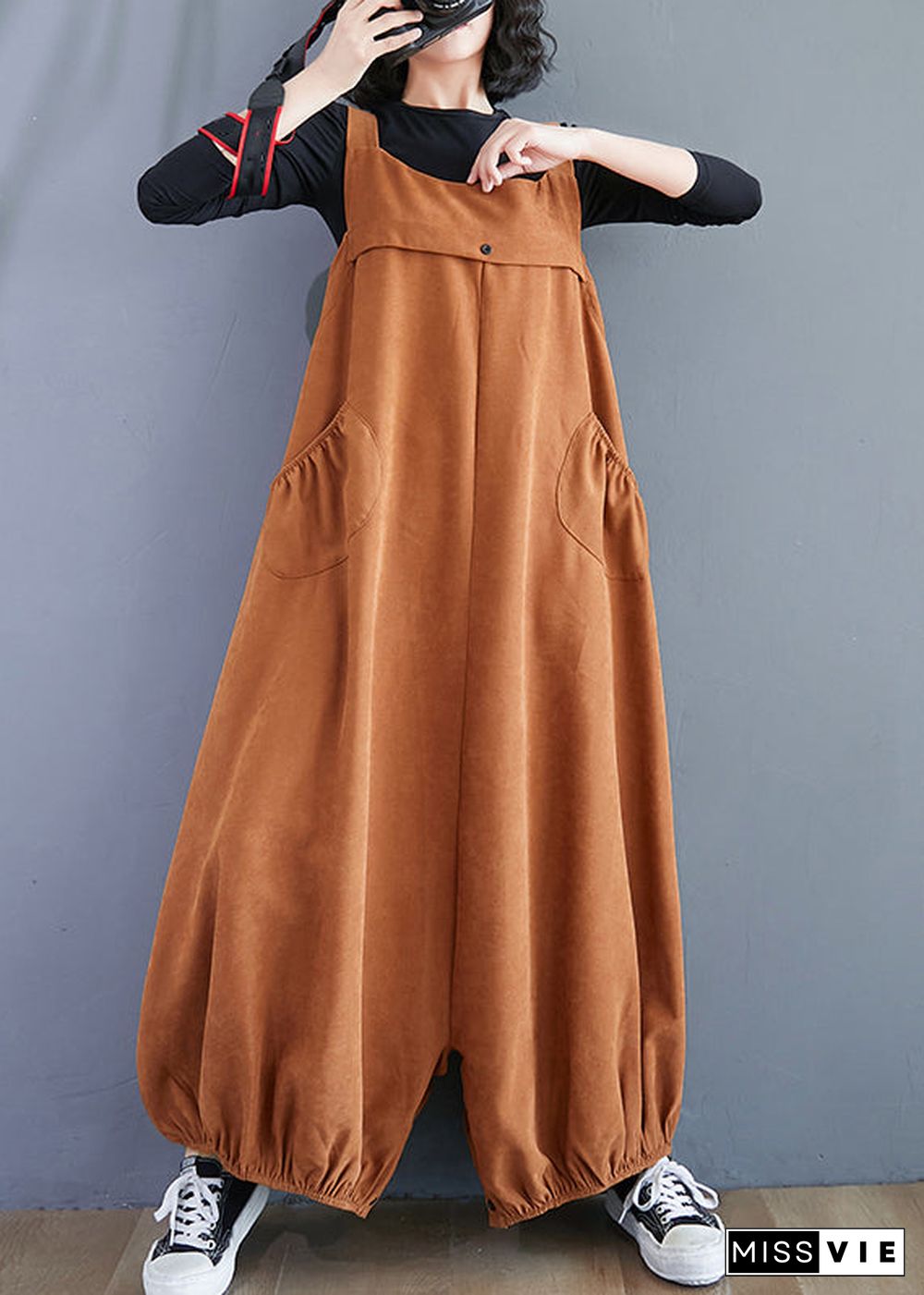 Unique Caramel Pockets High Waist Patchwork Corduroy Jumpsuit Fall