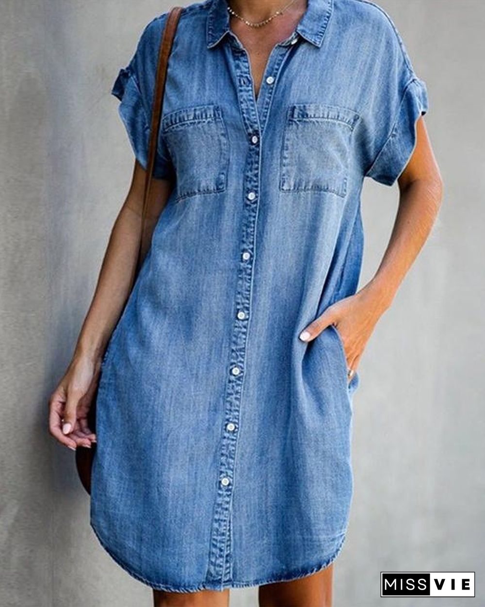 Blue Shirt Collar Plain Short Sleeve Denim Dresses