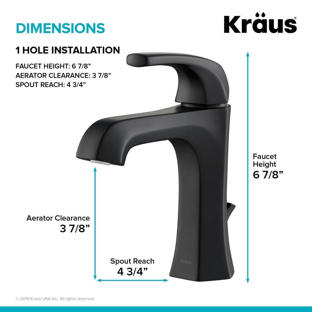 KRAUS Esta Single Hole SingleHandle Basin Bathroom Faucet with Lift Rod Drain in Matte Black