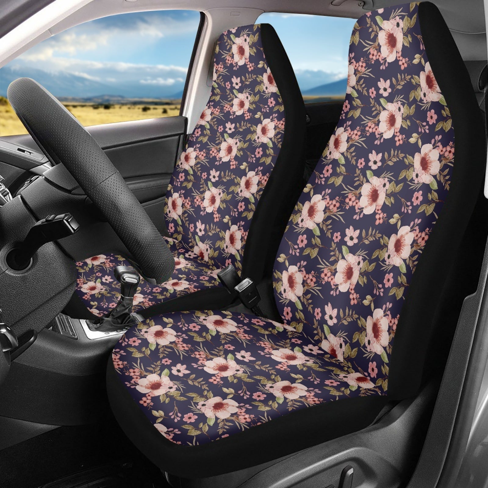 Xoenoiee Front Seat Covers for Car， Peach Blossom Flower Print Saddle Blanket Universal Bucket Seats Cover Protector， Decorative Auto Interior Accessories for Women， 2 Pack