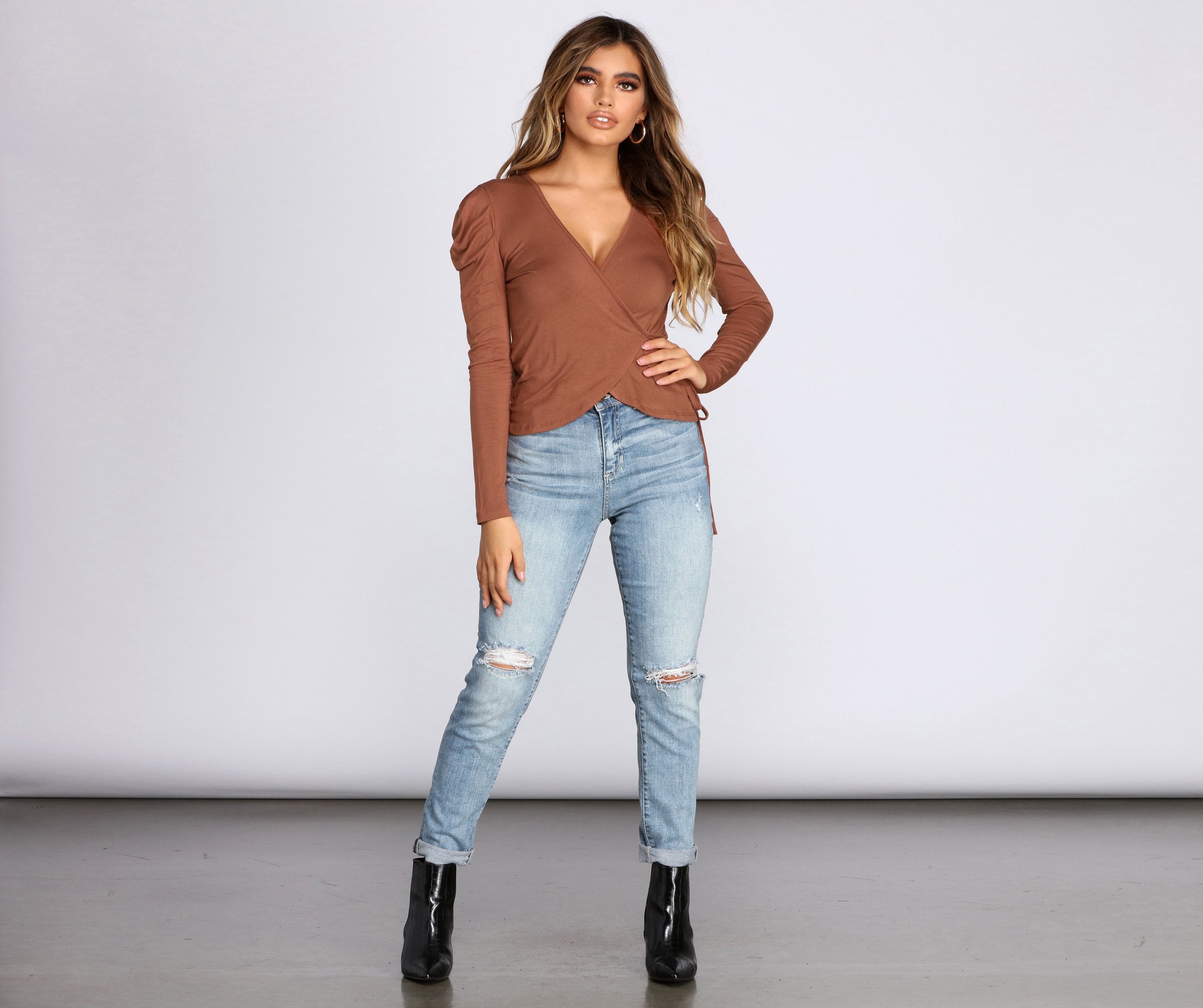 Ruched Shoulder Wrap Front Top