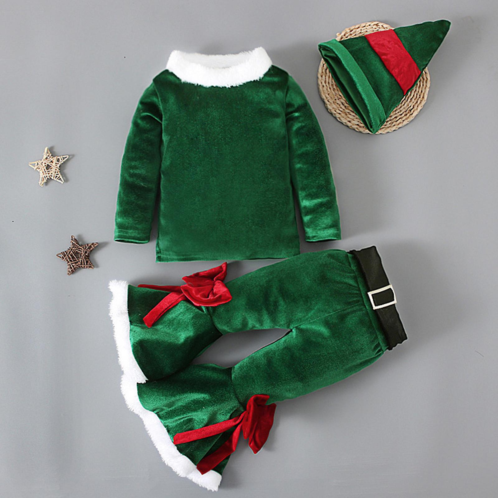 Christmas Clothes Set For Lovely Girls Long Sleeve Top Bell Bottom Coral Velvet Santa Costume For 1-7 Years Baby Girls， Green 90yd Green 100yd