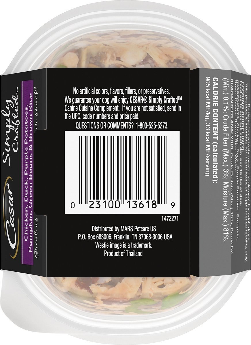 Cesar Simply Crafted Chicken， Duck， Purple Potatoes， Pumpkin， Green Beans and Brown Rice Wet Dog Food Meal Topper， 1.3-oz tray， case of 10