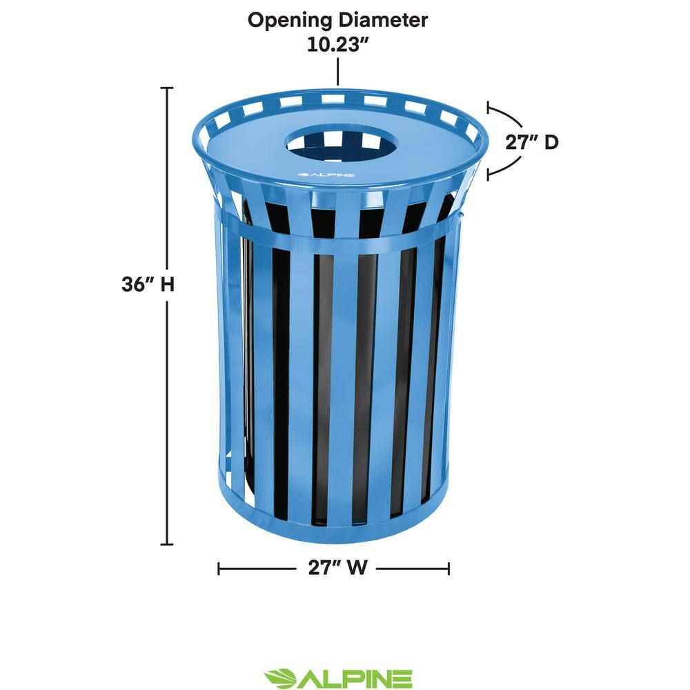 Alpine Industries 38 Gal. Blue Metal Slatted Outdoor Commercial Recycling Receptacle Trash Can 479-38-BLU