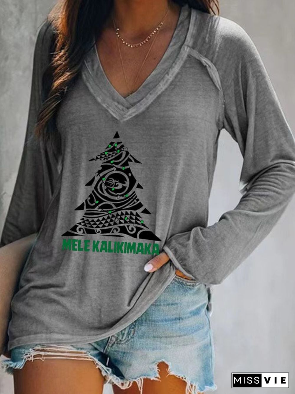 Women's Casual Mele Kalikimaka Print Long Sleeve T-Shirt