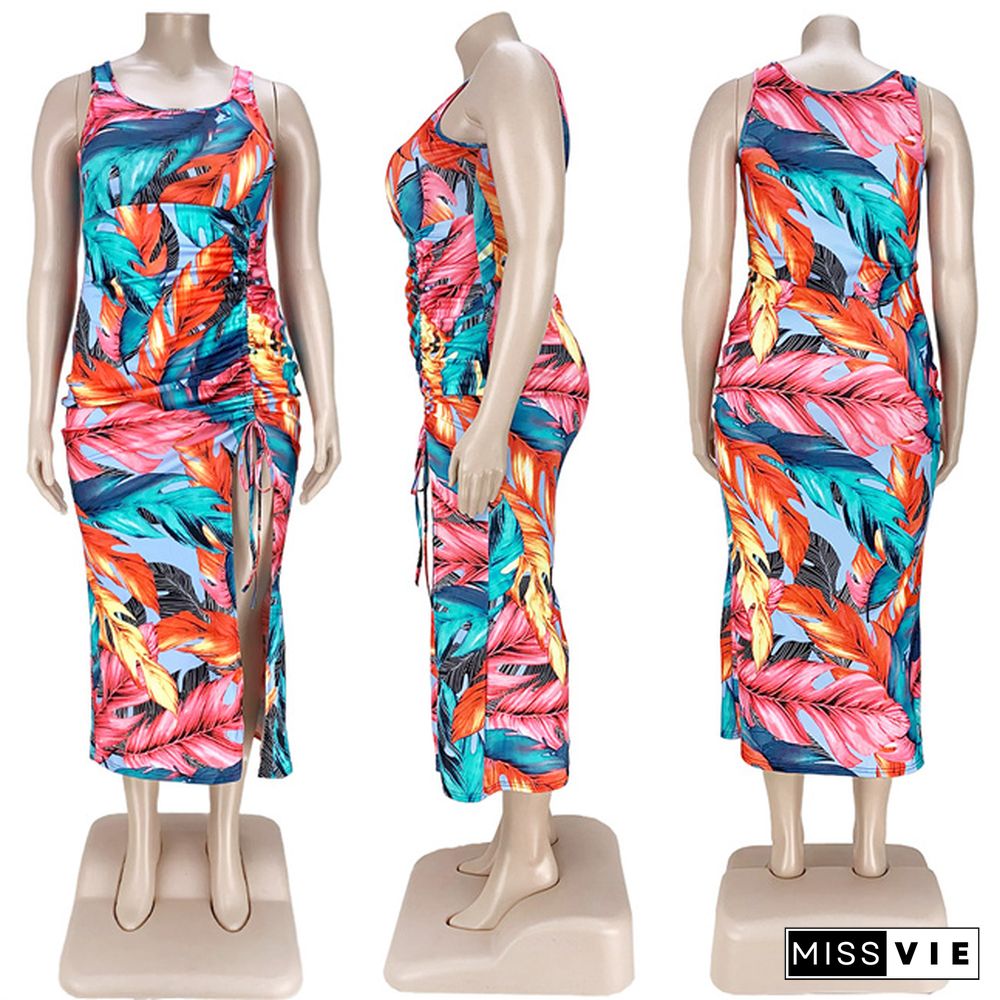 Women's Sexy Sleeveless Print Drawstring Tight High Waist Square Collar Summer Clothes Maxi Dress