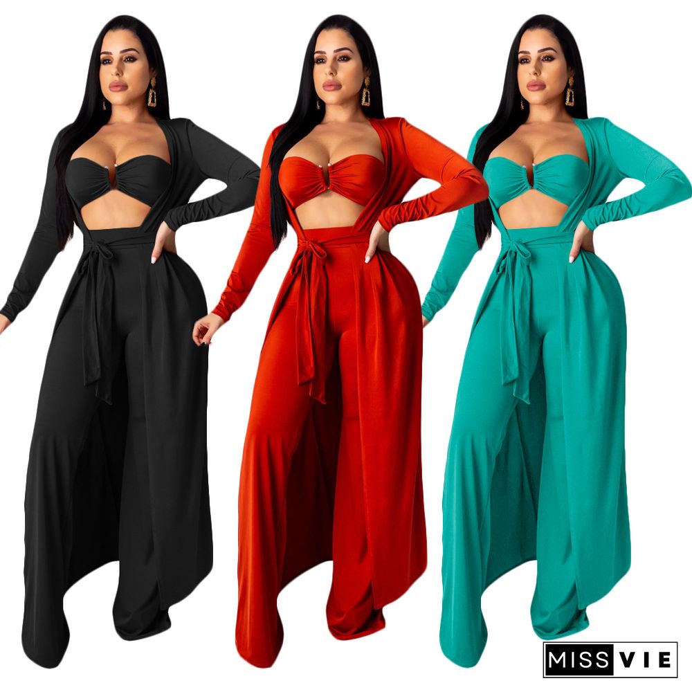 Crop Bra Top Wide Leg Pants Long Cardigan Set