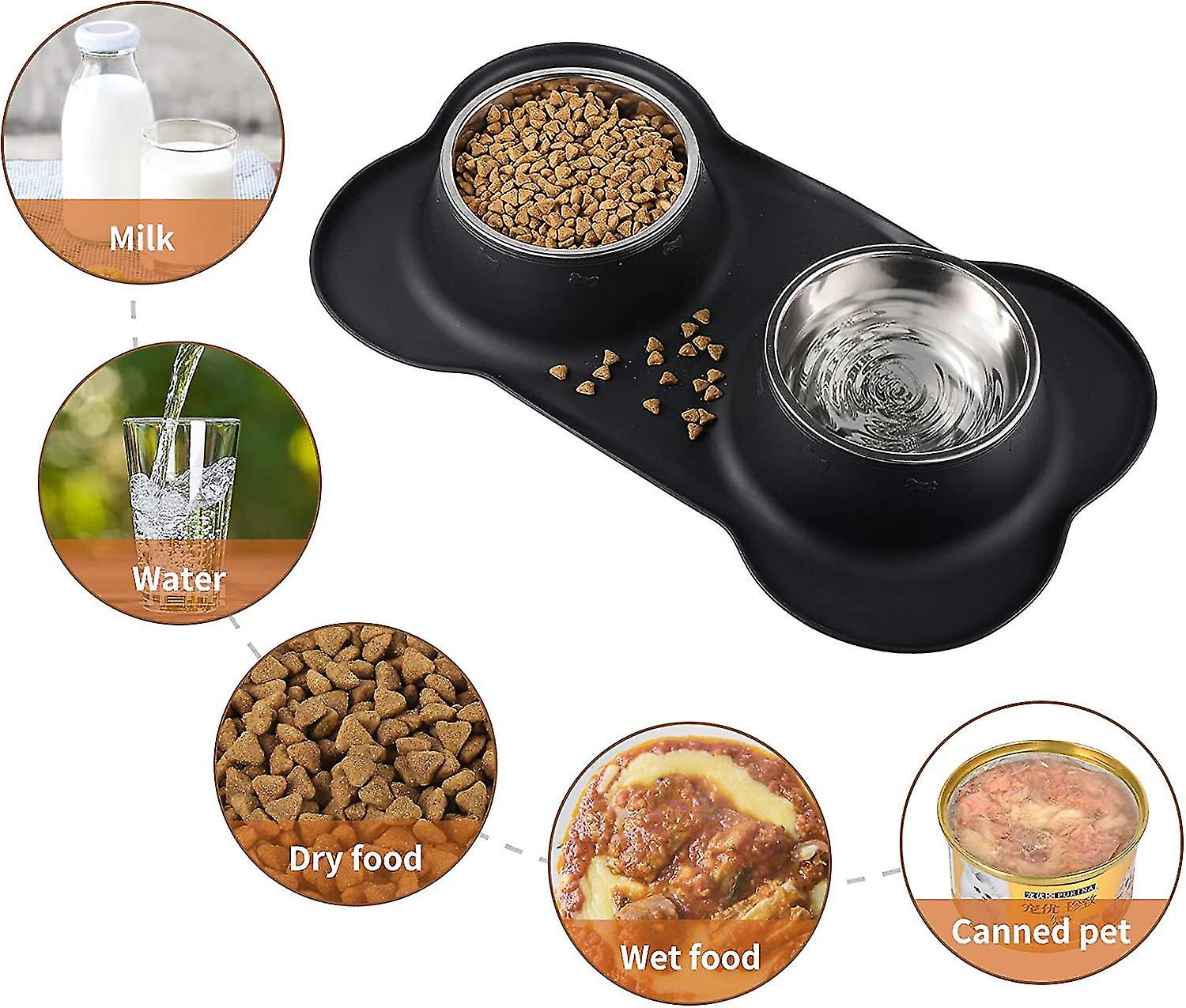 Dog Cat Double Bowl Less Steel Bowl Non-slip Base Anti-overflow Anti-spill Silic Mat