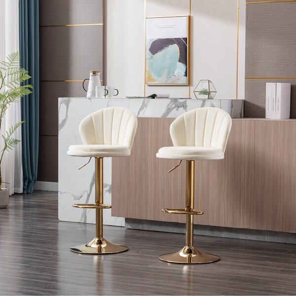 Modern Bar Stools Set of 2 Adjustable Mechanical Lifting Velvet and Golden Leg Bar Stool， Chrome Footrest and Base Swivel Height