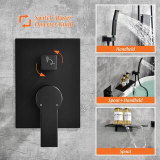 Aurora Decor Pomelo Single-Handle Wall Mount Roman Tub Faucet with Hand Shower in Matte Black (Valve Included) AD-88022B