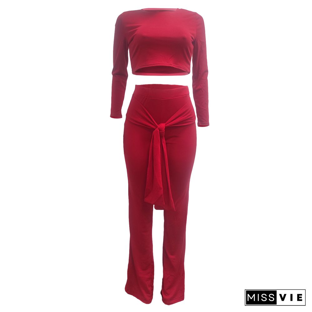 Solid Long Sleeve Crop Top Bandage Straight Pants Set